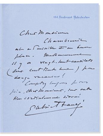 FAURÉ, GABRIEL. Two Autograph Letters Signed, in French.